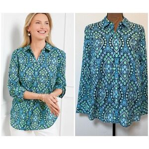 Talbots Modern Classic Shirt - Damask Cotton Button Front Blue/Green/White Sz M